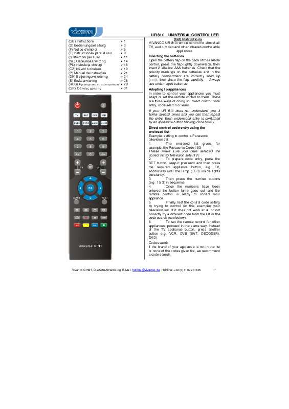 Notice VIVANCO 8 IN 1 UNIVERSAL REMOTE CONTROL Trouver